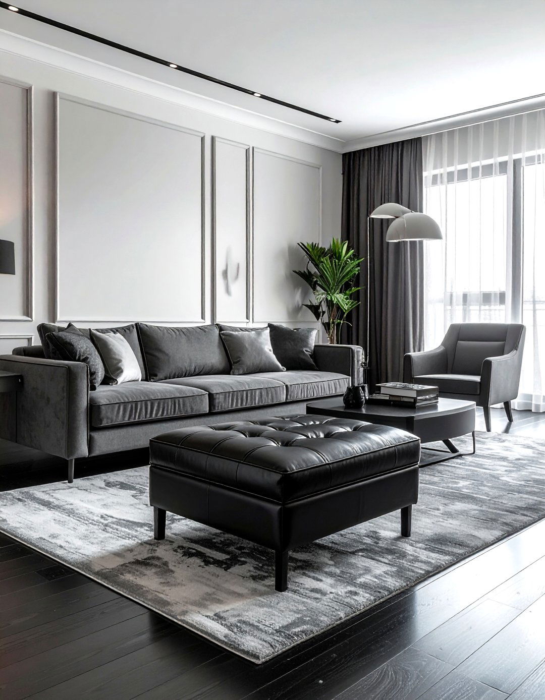 Black leather ottoman - 30 black living room accessories ideas