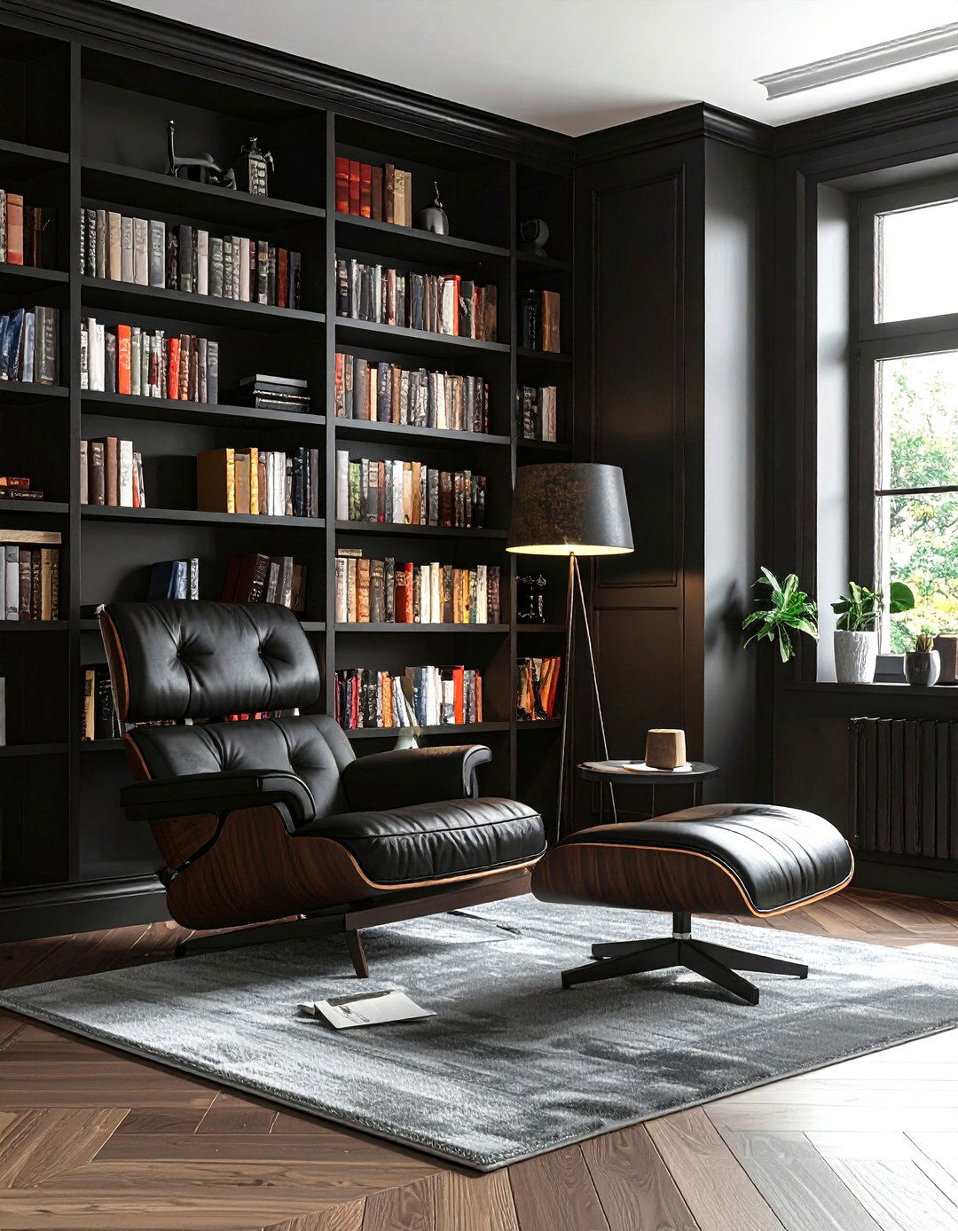 Black living room with bookshelves - 30 modern black living room ideas