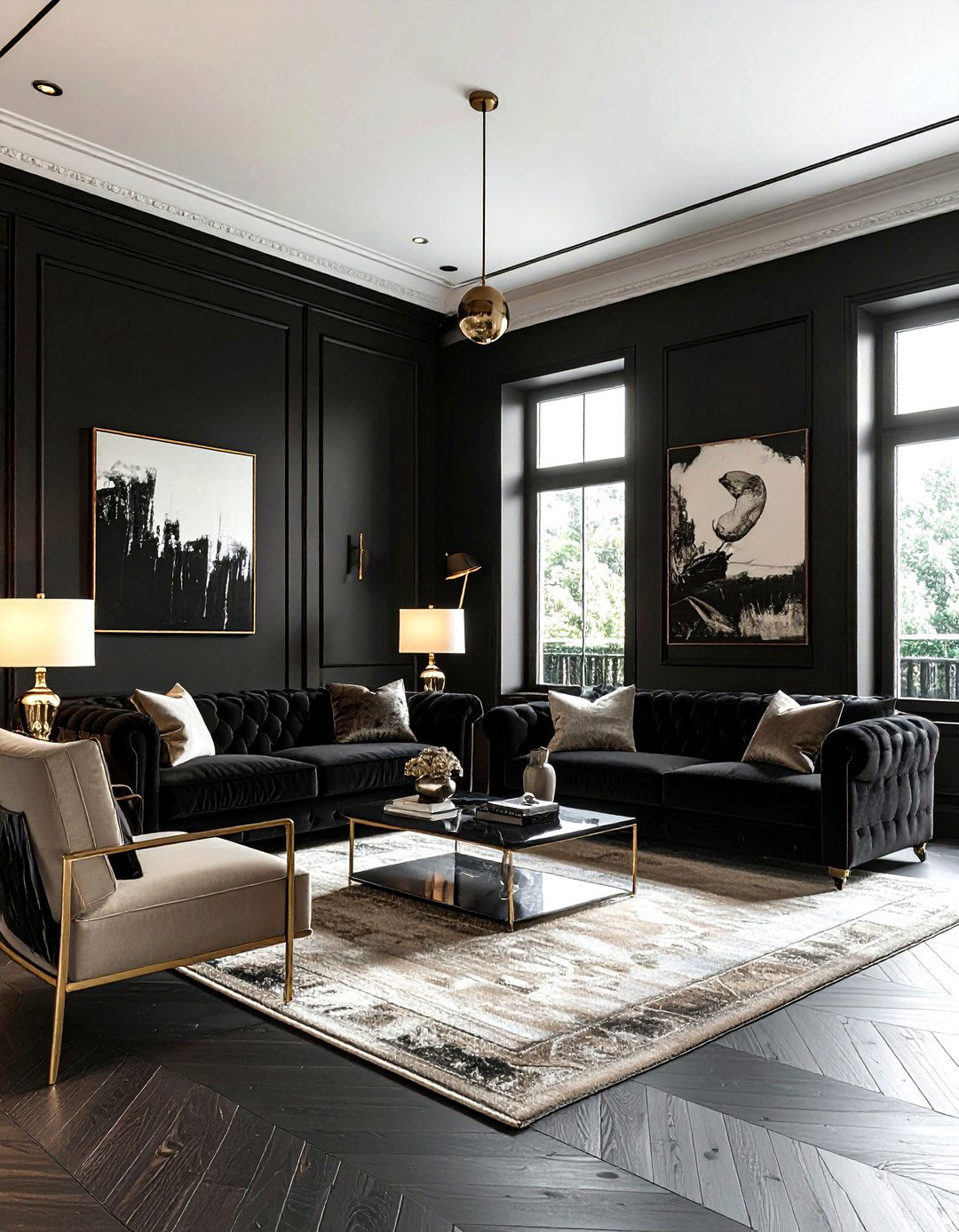 Black living room with brass hardware - 30 modern black living room ideas