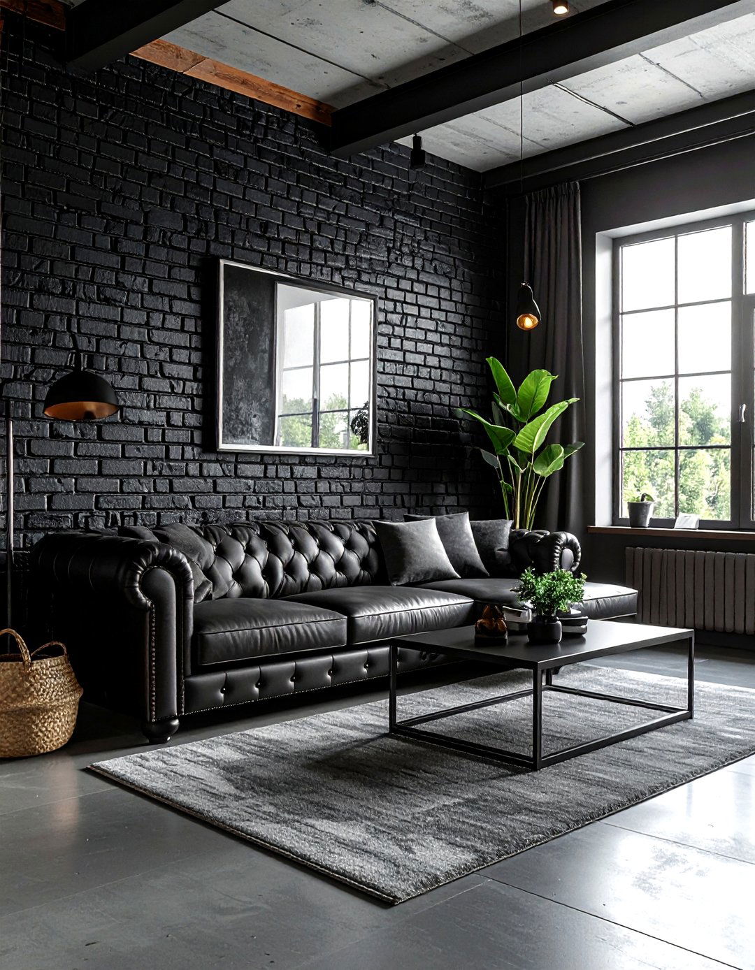 Black living room with brick wall - 30 minimalist black living room ideas