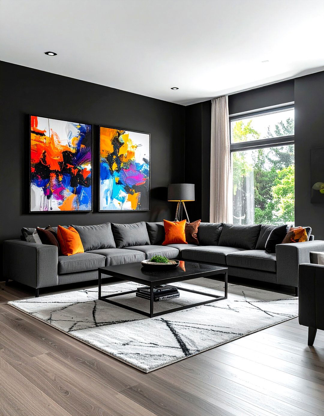 Black living room with bright artwork - 30 modern black living room ideas