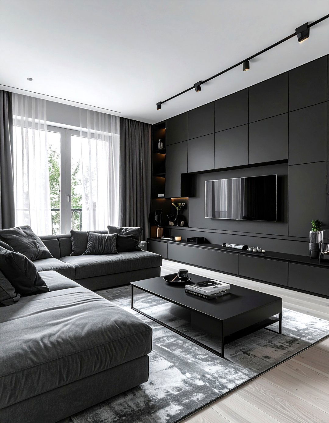 Black living room with built in cabinets - 30 modern black living room ideas