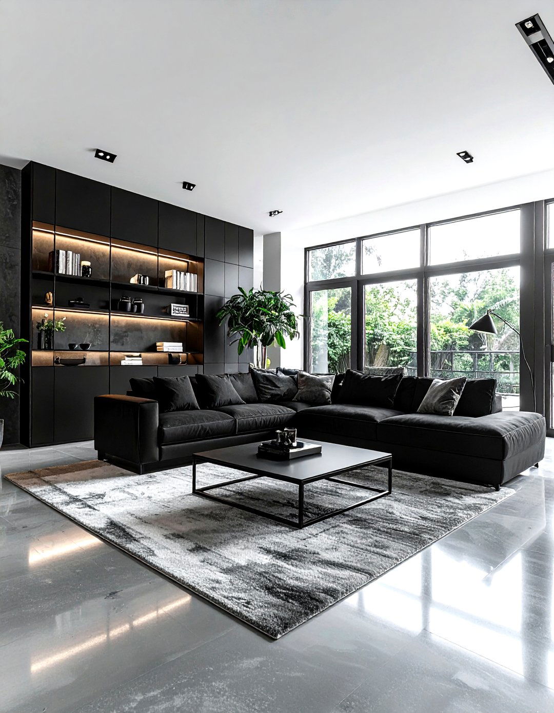 Black living room with concrete floor - 30 modern black living room ideas