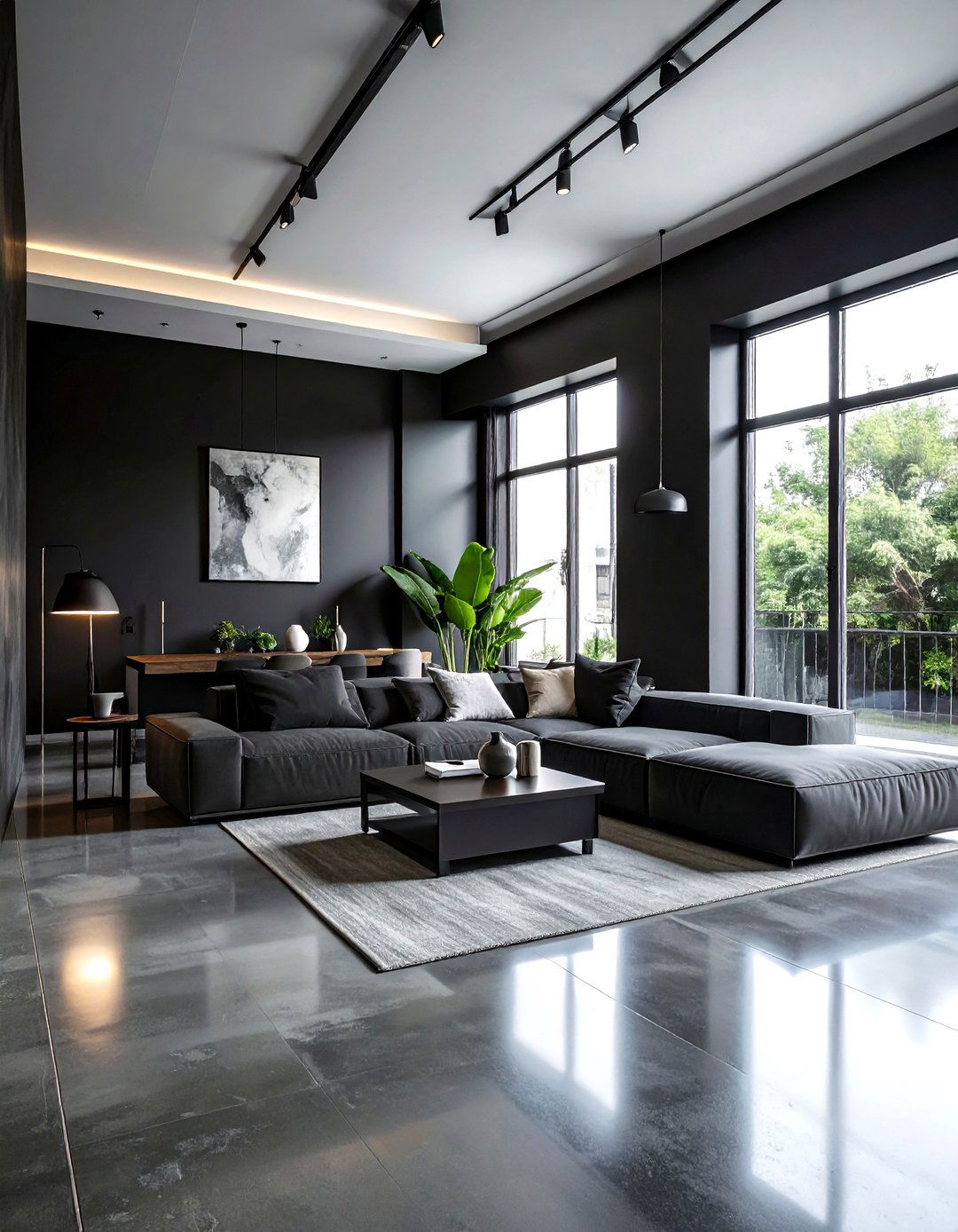 Black living room with concrete floor - 30 minimalist black living room ideas