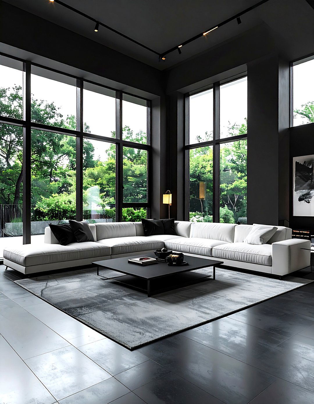 Black living room with floor to ceiling windows - 30 modern black living room ideas