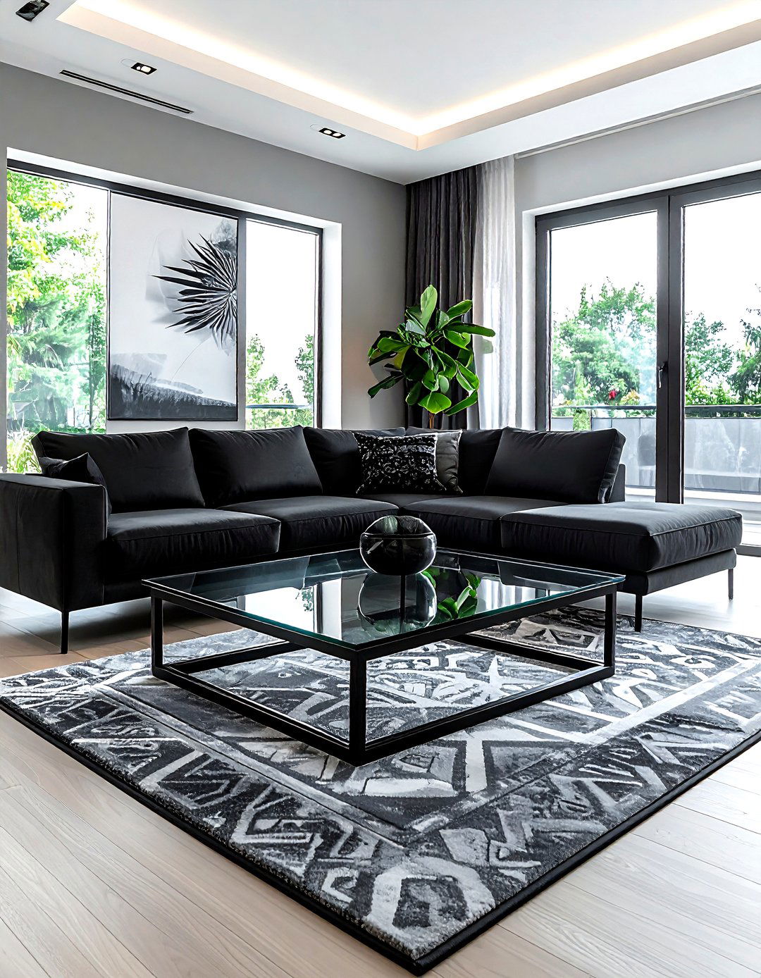 Black living room with glass coffee table - 30 minimalist black living room ideas