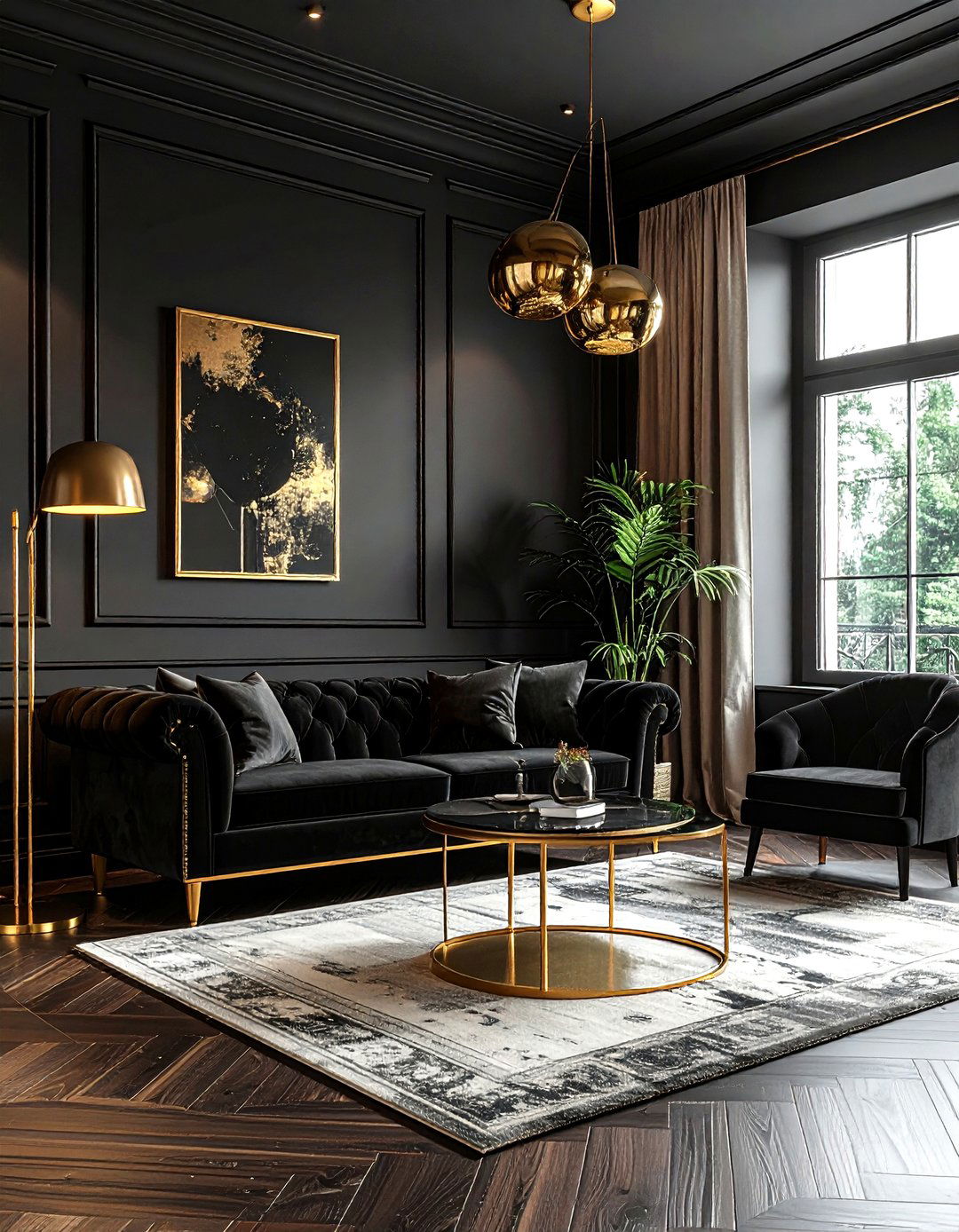 Black living room with gold accents - 30 minimalist black living room ideas