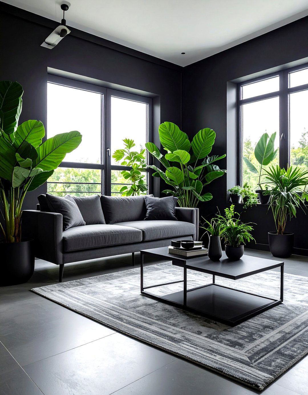 Black living room with indoor plants - 30 modern black living room ideas