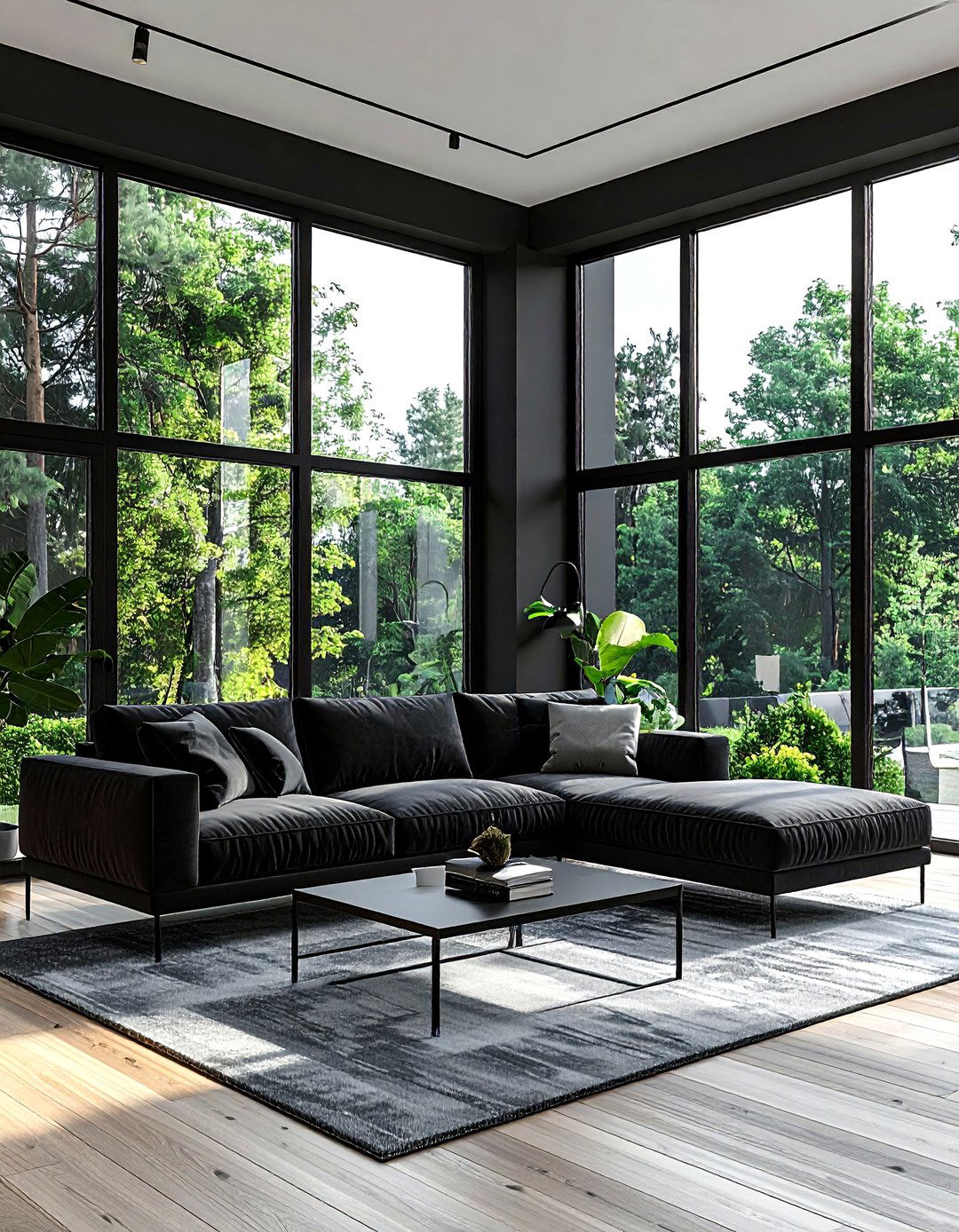 Black living room with large windows - 30 minimalist black living room ideas
