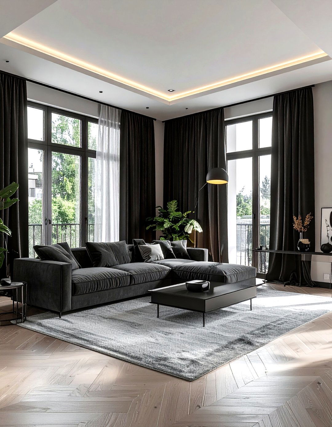 Black living room with linen curtains - 30 minimalist black living room ideas