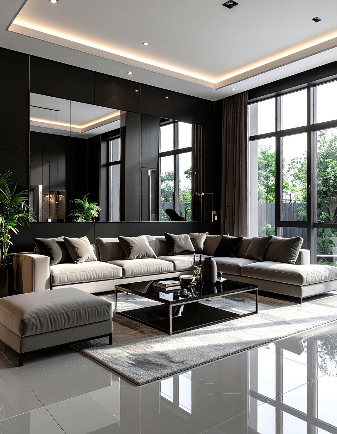Black living room with mirrors - 30 modern black living room ideas