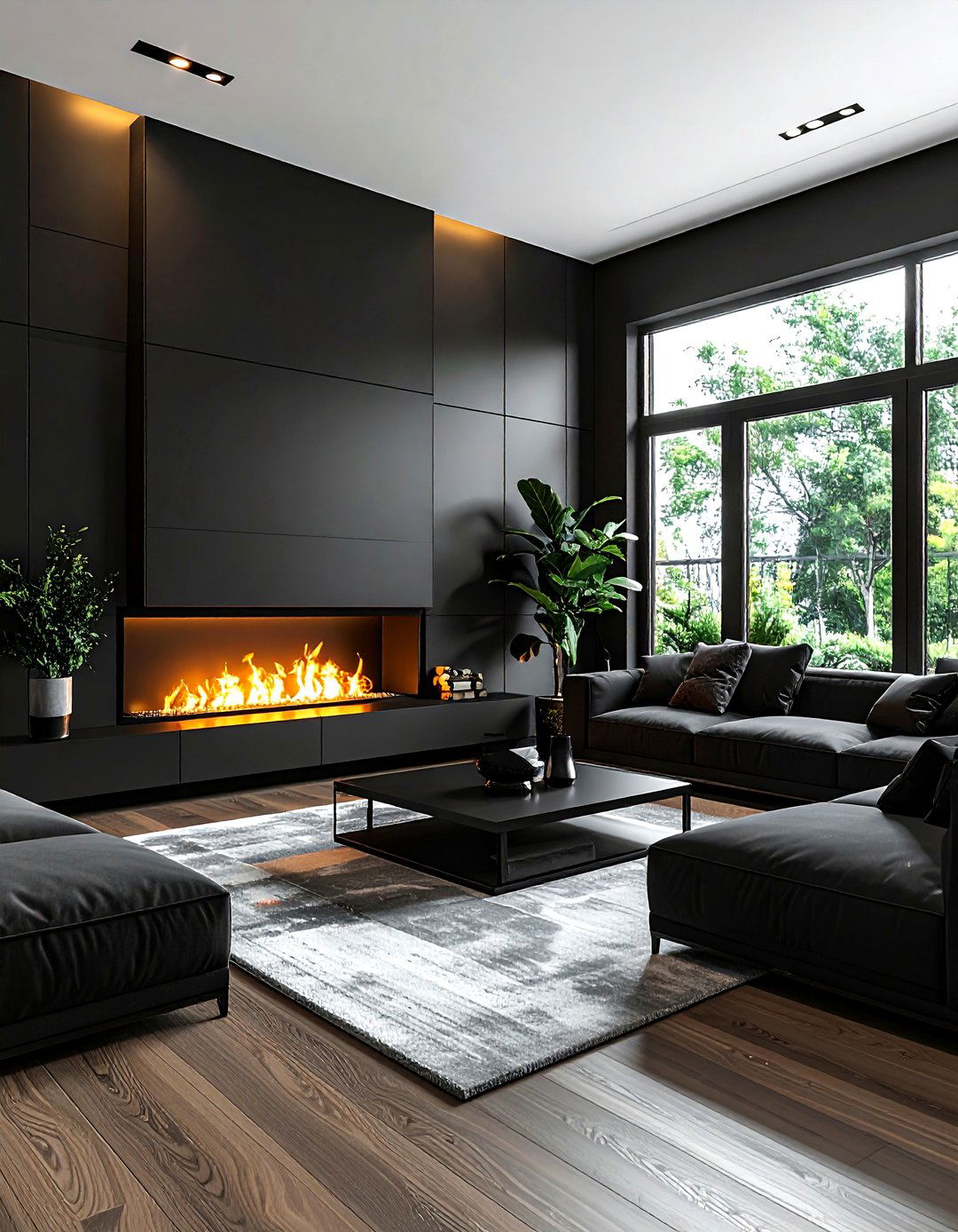 Black living room with modern fireplace - 30 modern black living room ideas