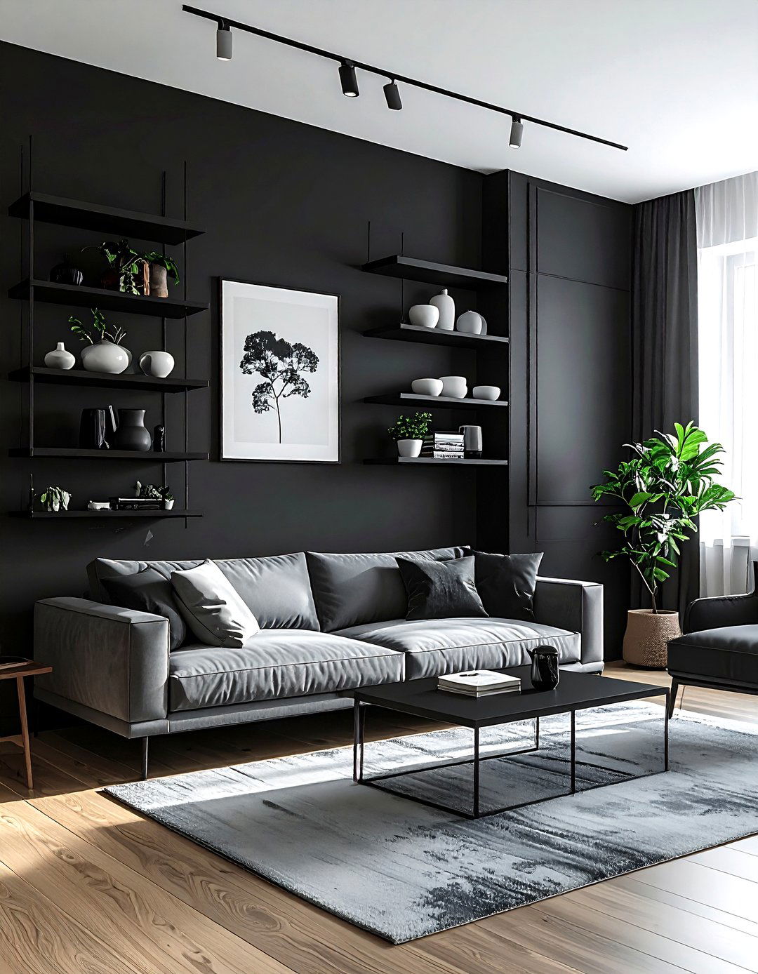 Black living room with open shelving - 30 minimalist black living room ideas