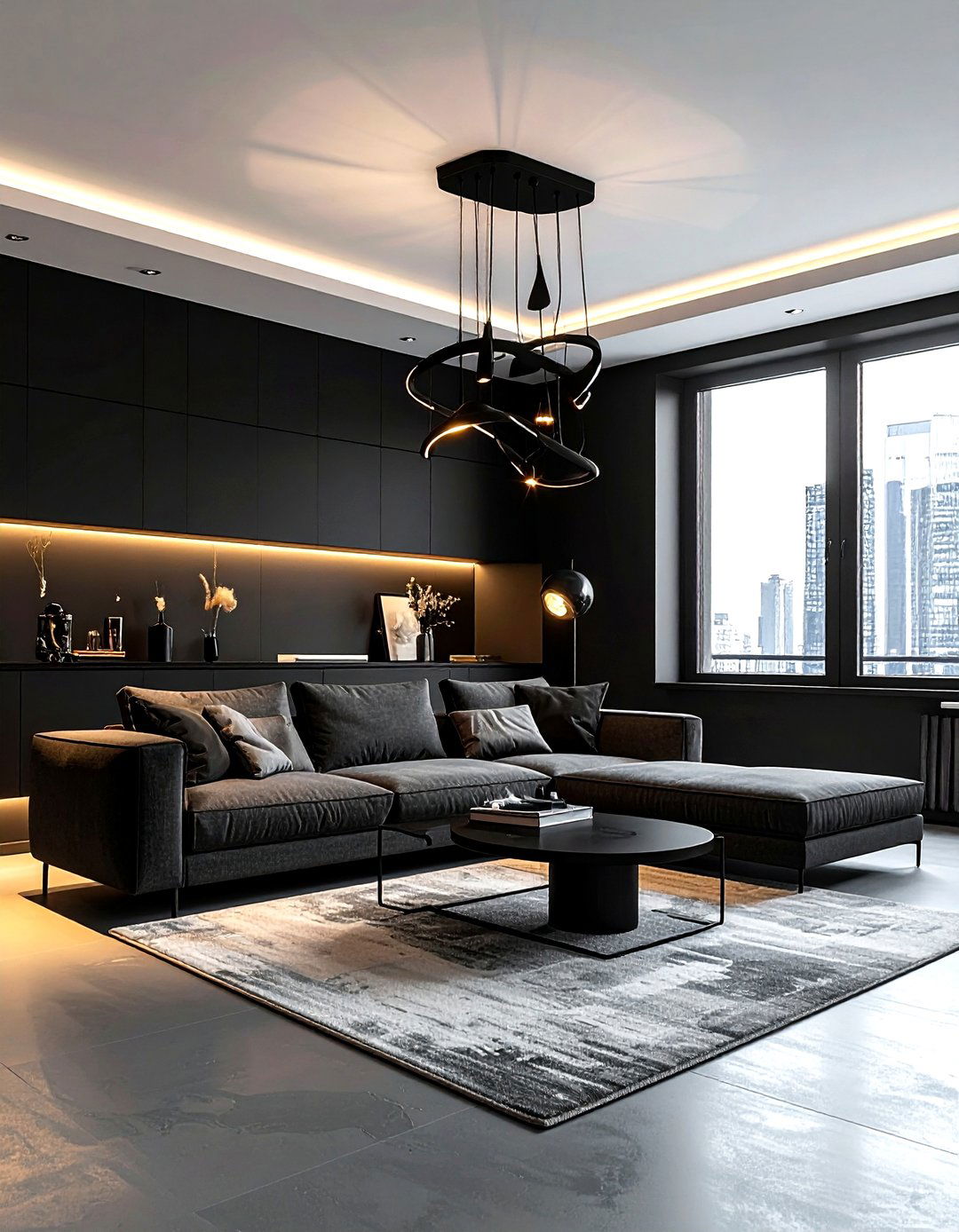 Black living room with sculptural lighting - 30 minimalist black living room ideas
