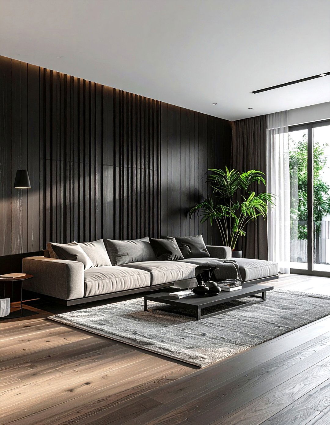 Black living room with slatted wood wall - 30 minimalist black living room ideas