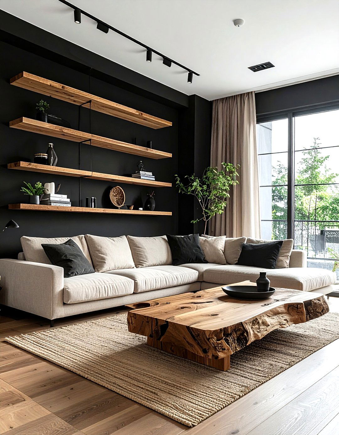 Black living room with wood accents - 30 minimalist black living room ideas