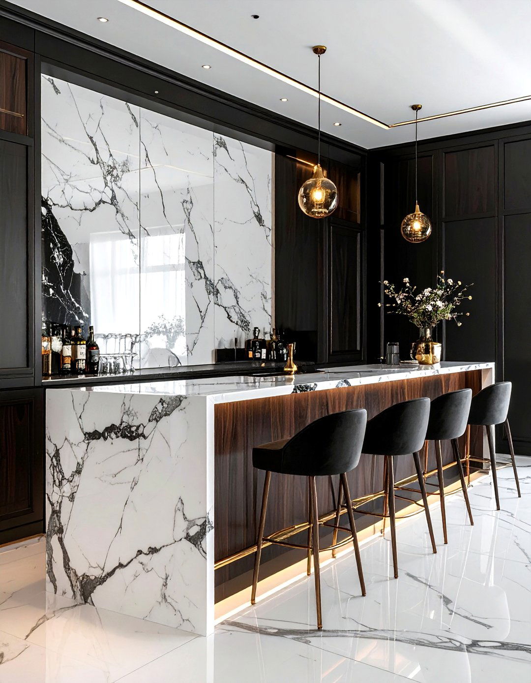 Black marble bar wall - 30 living room backsplash ideas
