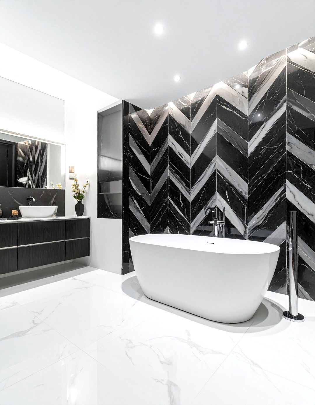 Black marble chevron accent wall - 30 chevron pattern bathroom ideas