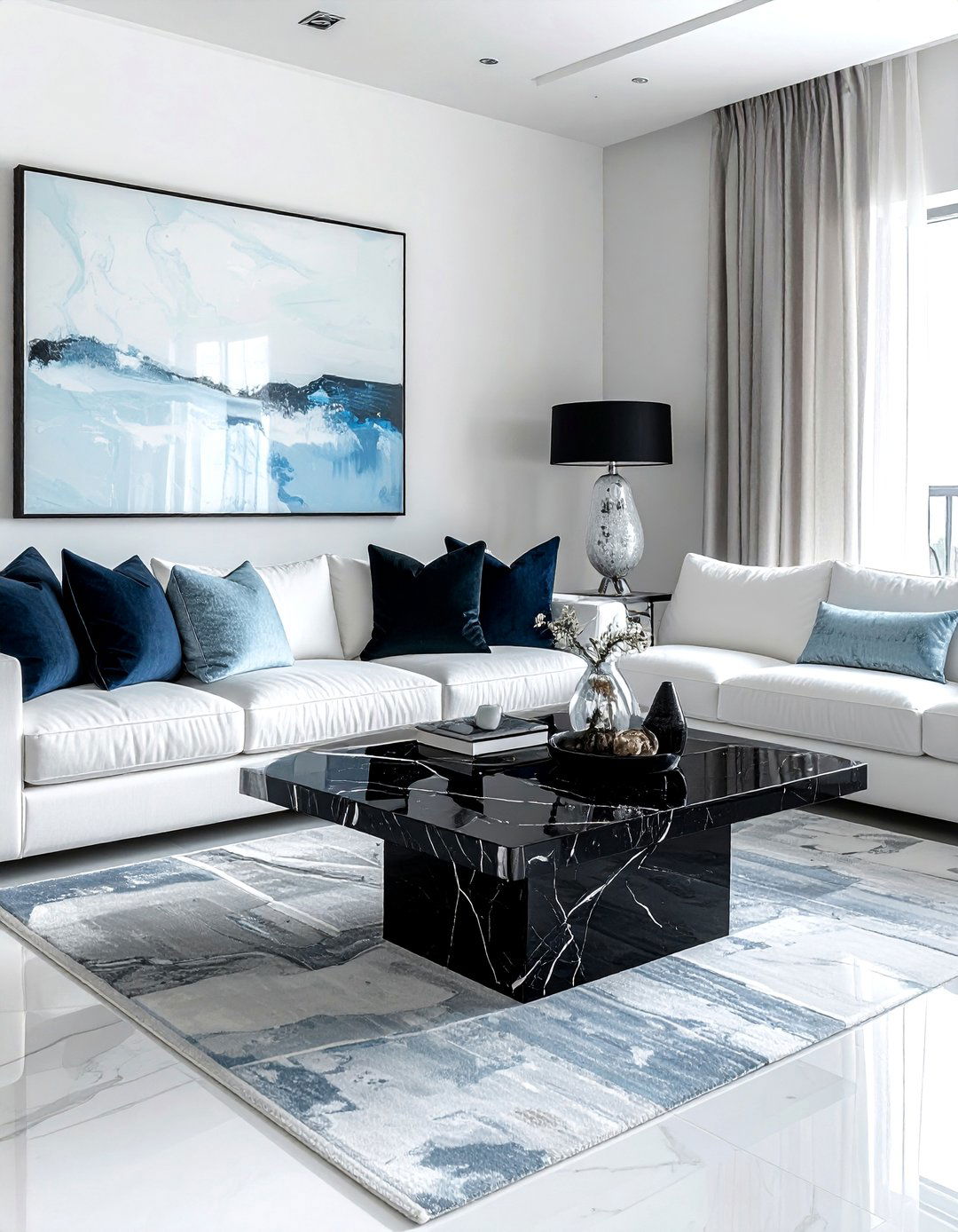 Black marble coastal living room - 30 coastal black living room ideas