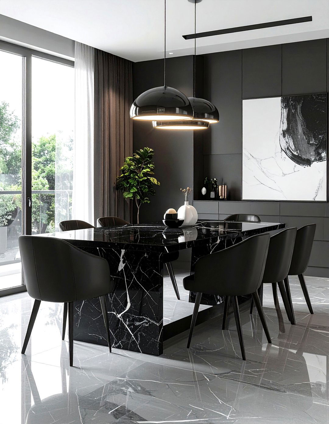 Black marble dining table - 30 black dining room decor ideas