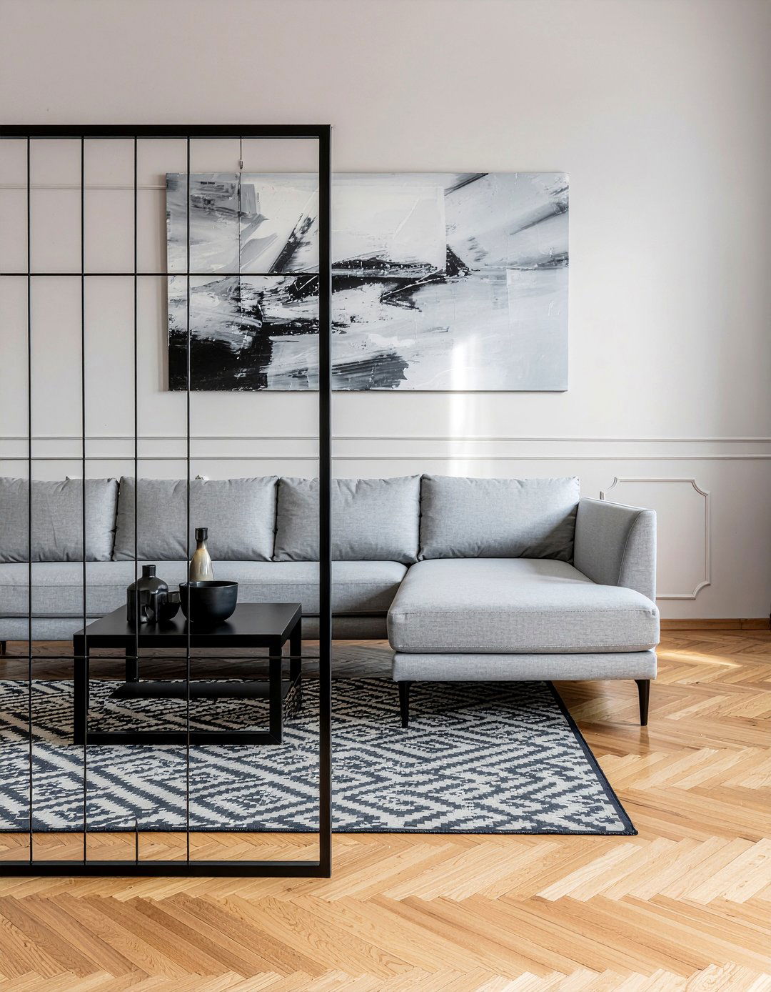 Black metal frame partition - 30 living room screen ideas