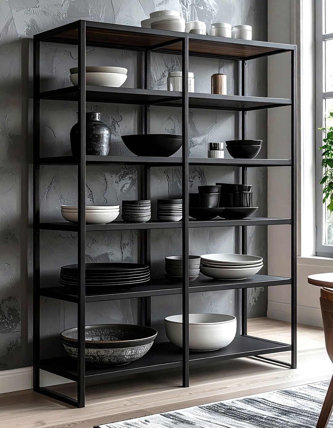 Black metal frame shelf - 30 dining room wall shelving ideas