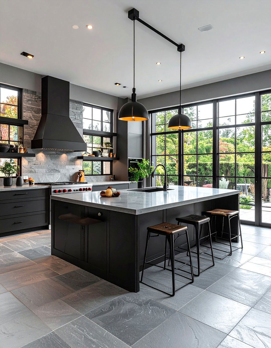 Black metal framed windows - 30 urban industrial kitchen ideas