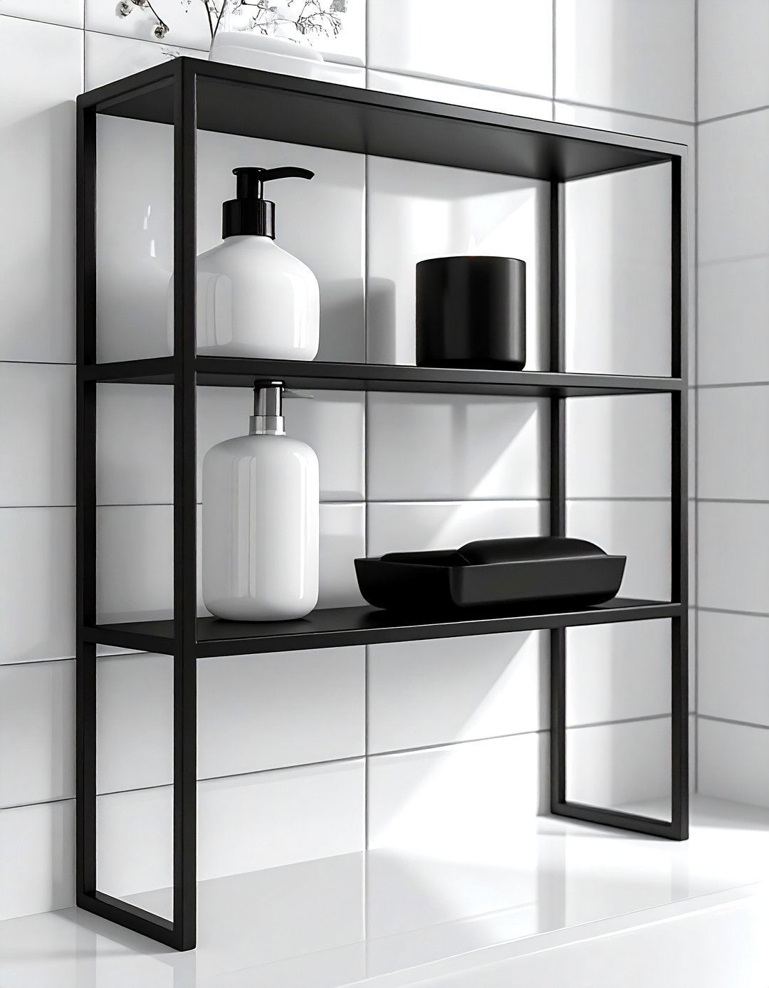 Black metal shelf - 30 bathroom overhead storage ideas