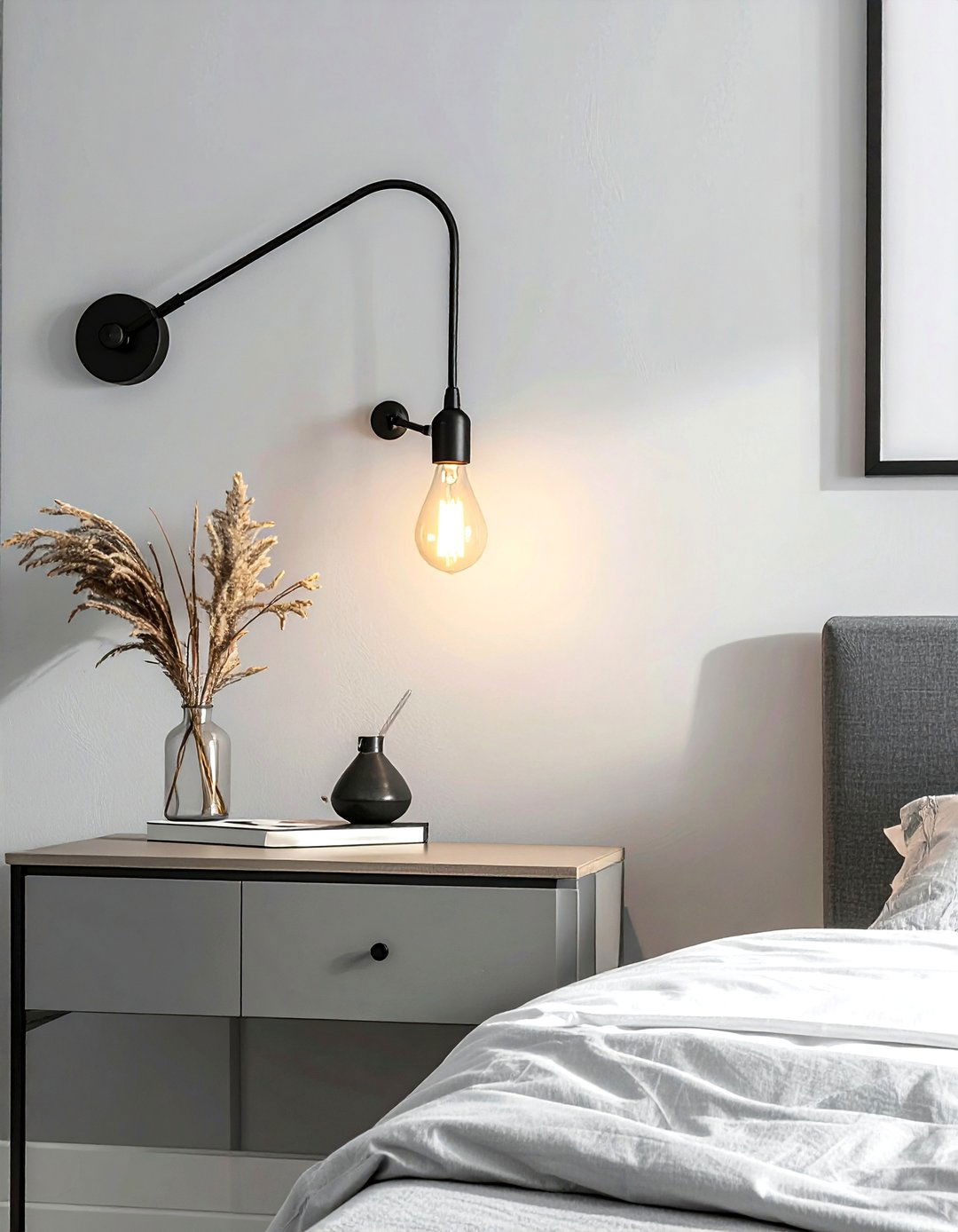 Black metal wall sconce - 30 scandinavian grey bedroom ideas