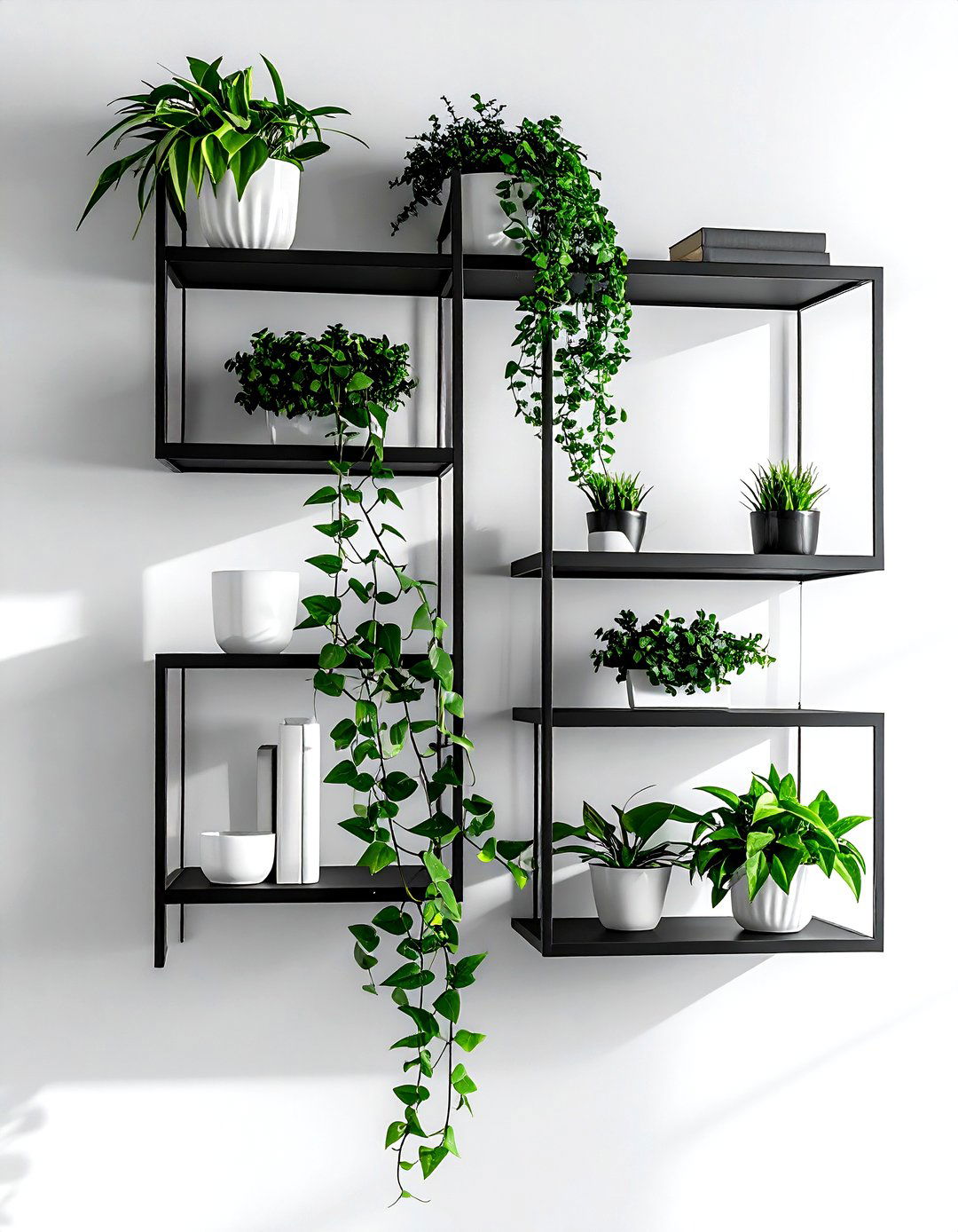 Black metal wall shelves - 30 living room wall shelving ideas