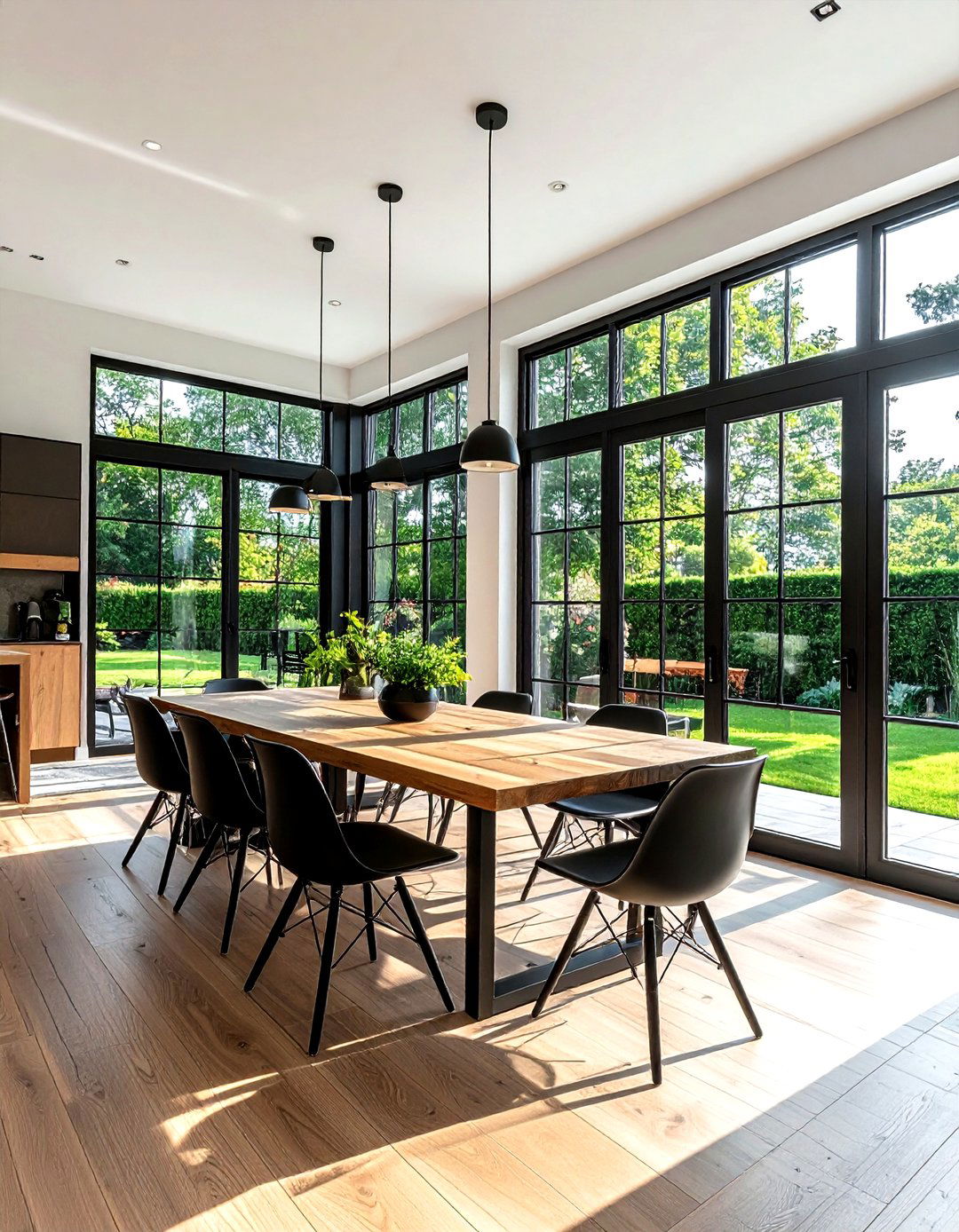 Black metal window frames dining - 30 Fixer Upper dining room ideas