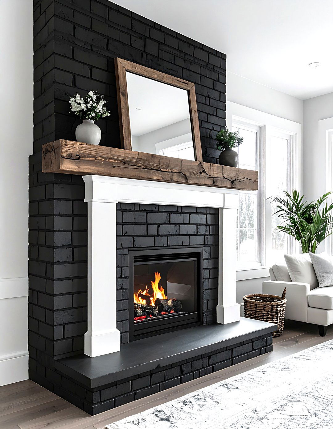 Black painted brick fireplace - 30 farmhouse black living room ideas