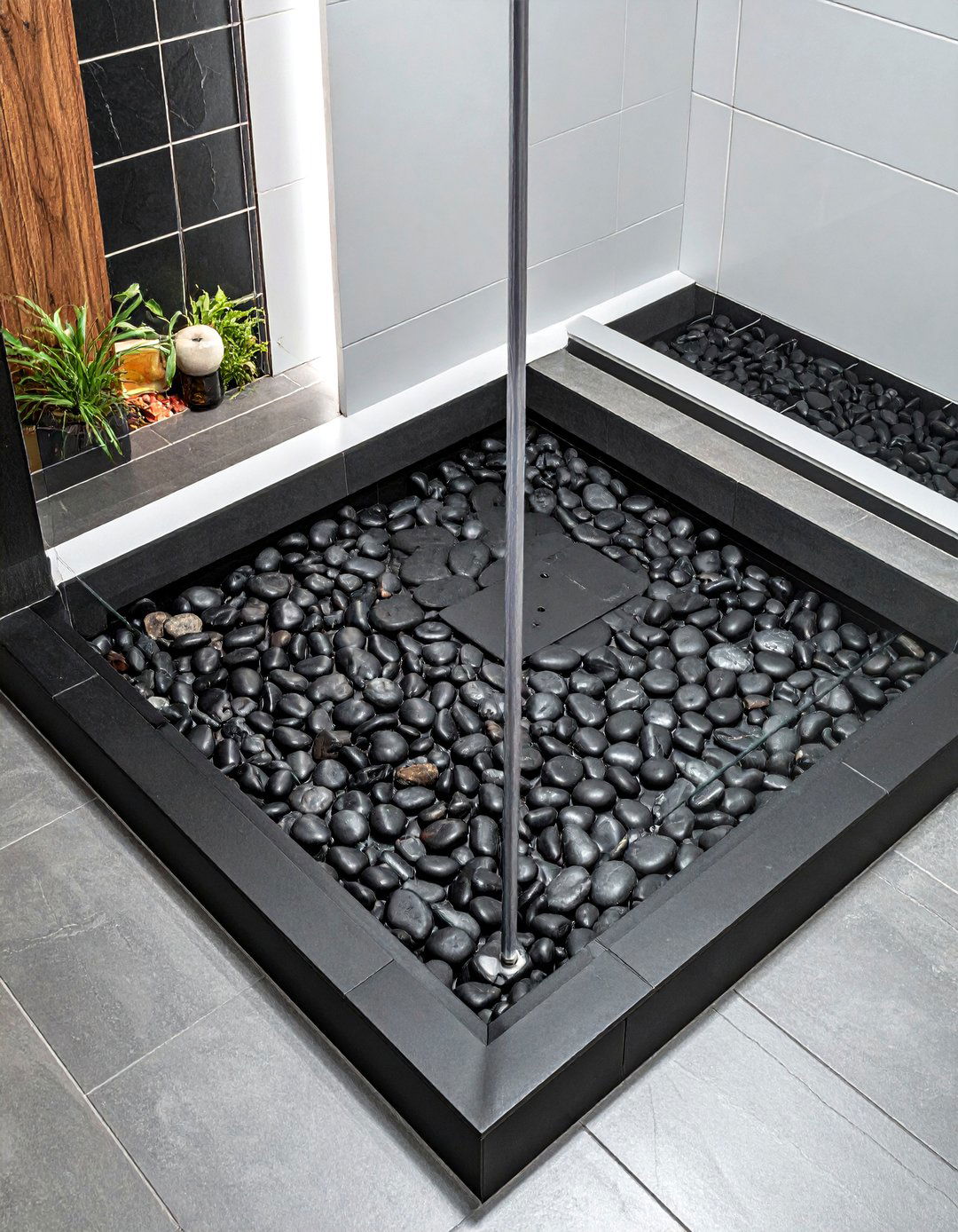 Black pebble tile shower floor - 30 black bathroom decor ideas