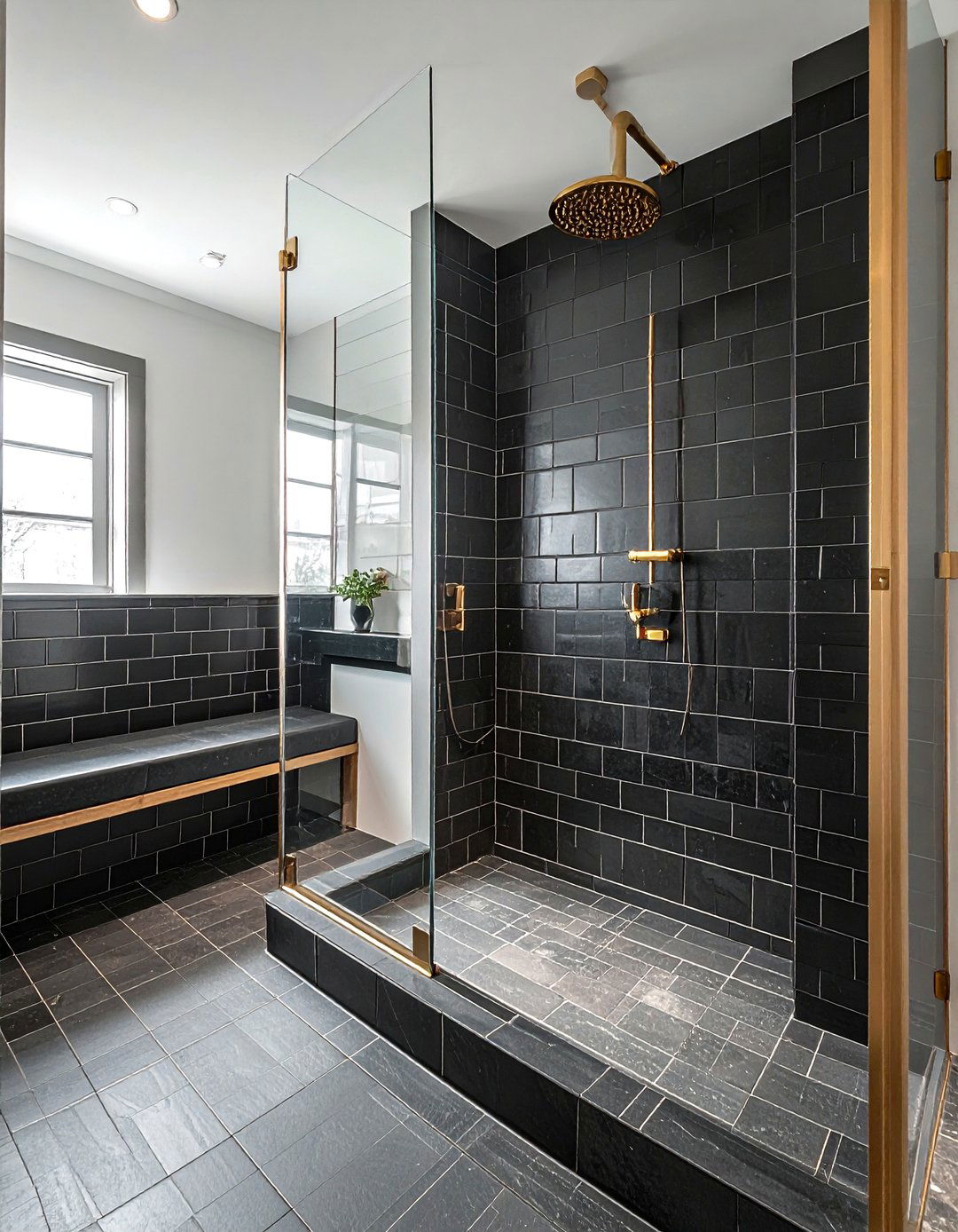 Black penny tile shower - 30 penny tile bathroom ideas