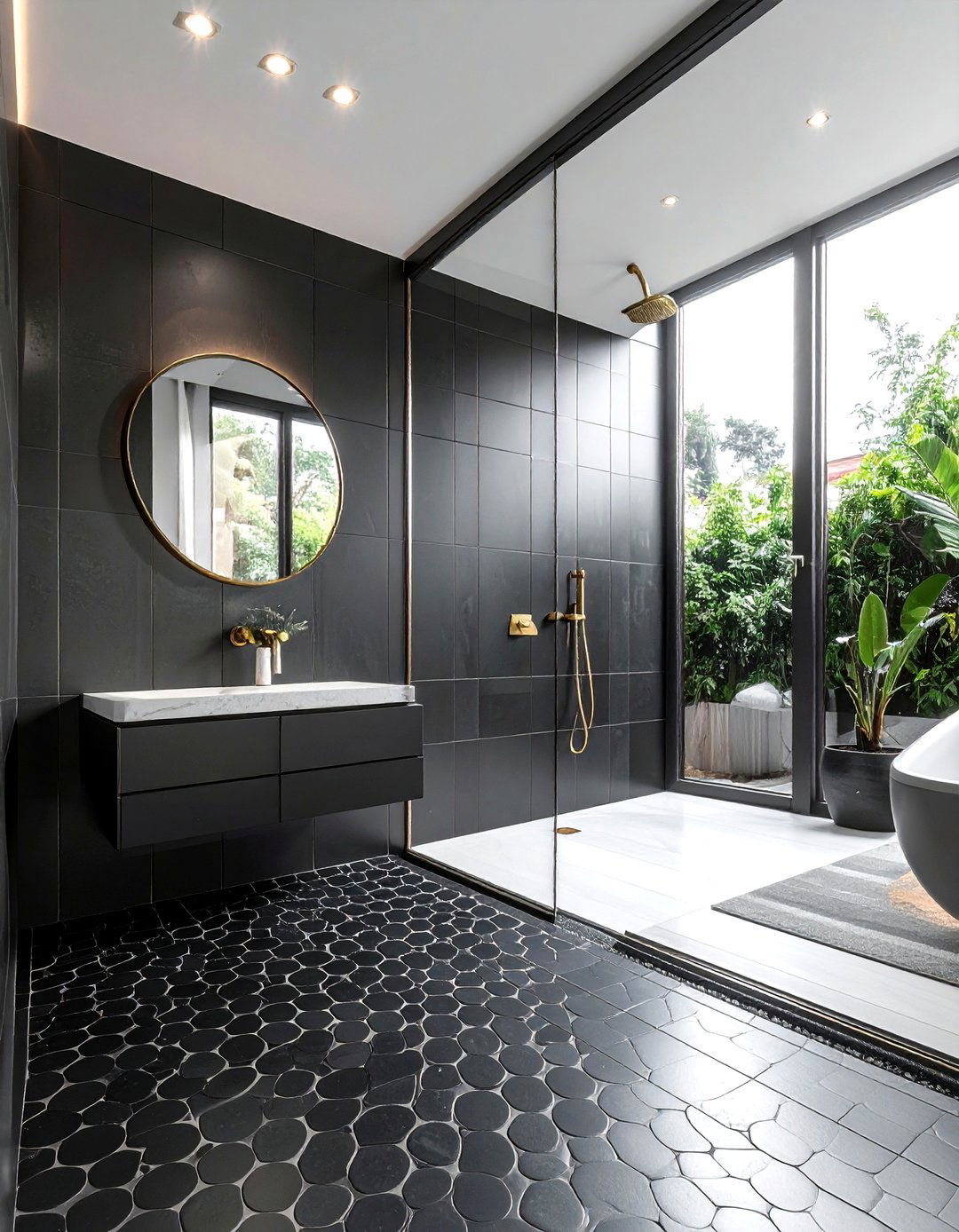 Black penny tile shower - 30 penny round tile bathroom ideas