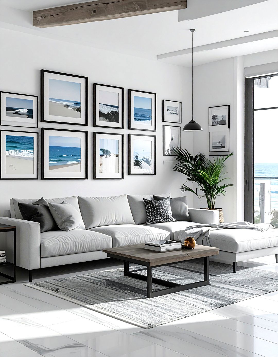 Black picture frames coastal living room wall - 30 coastal black living room ideas