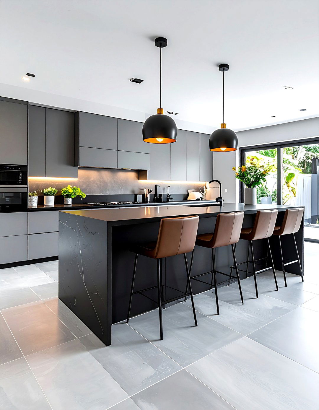 Black quartz waterfall countertop - 30 waterfall countertop kitchen ideas