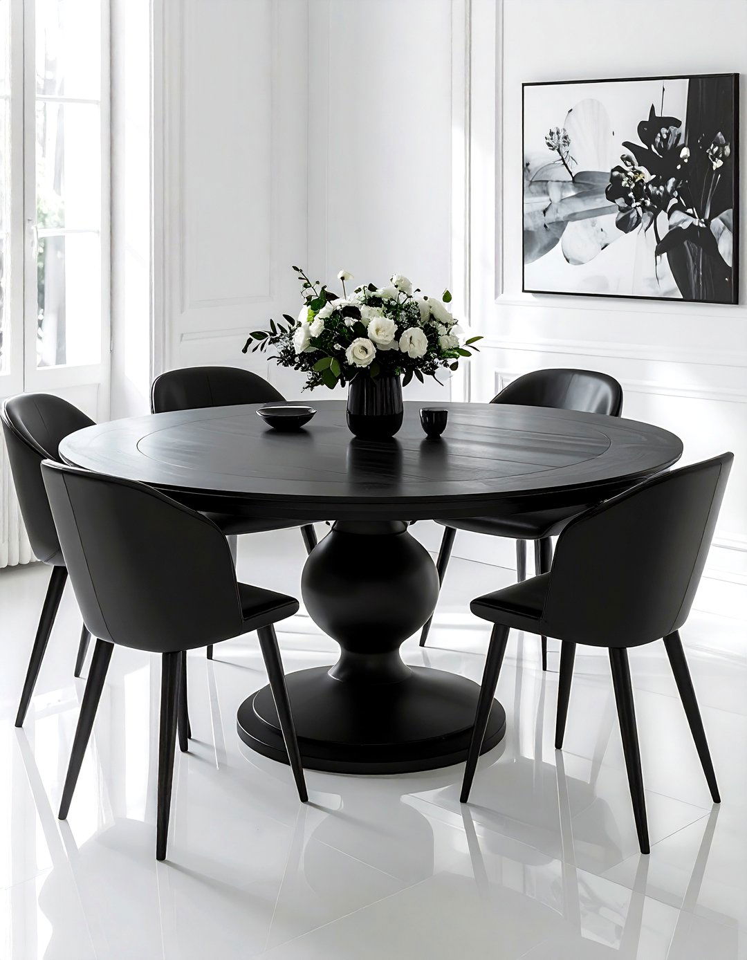 Black round dining table - 30 black dining room decor ideas