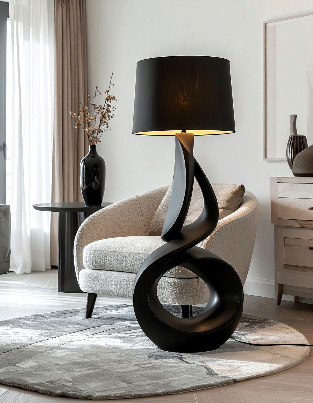 Black sculptural table lamp - 30 black living room accessories ideas