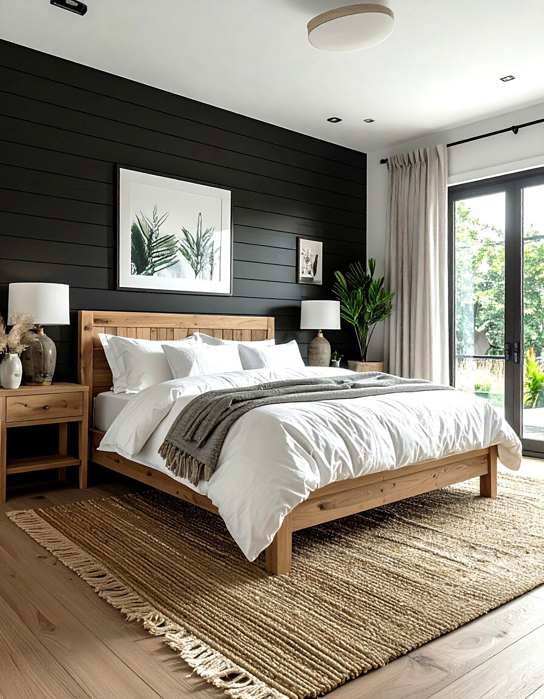 Black shiplap wall - 30 farmhouse black bedroom ideas