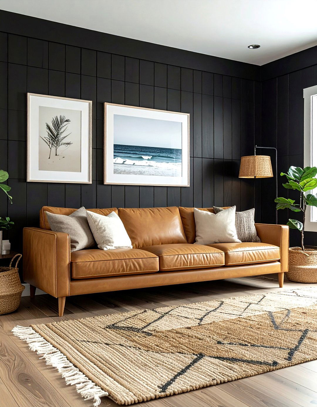 Black shiplap wall coastal living room - 30 coastal black living room ideas
