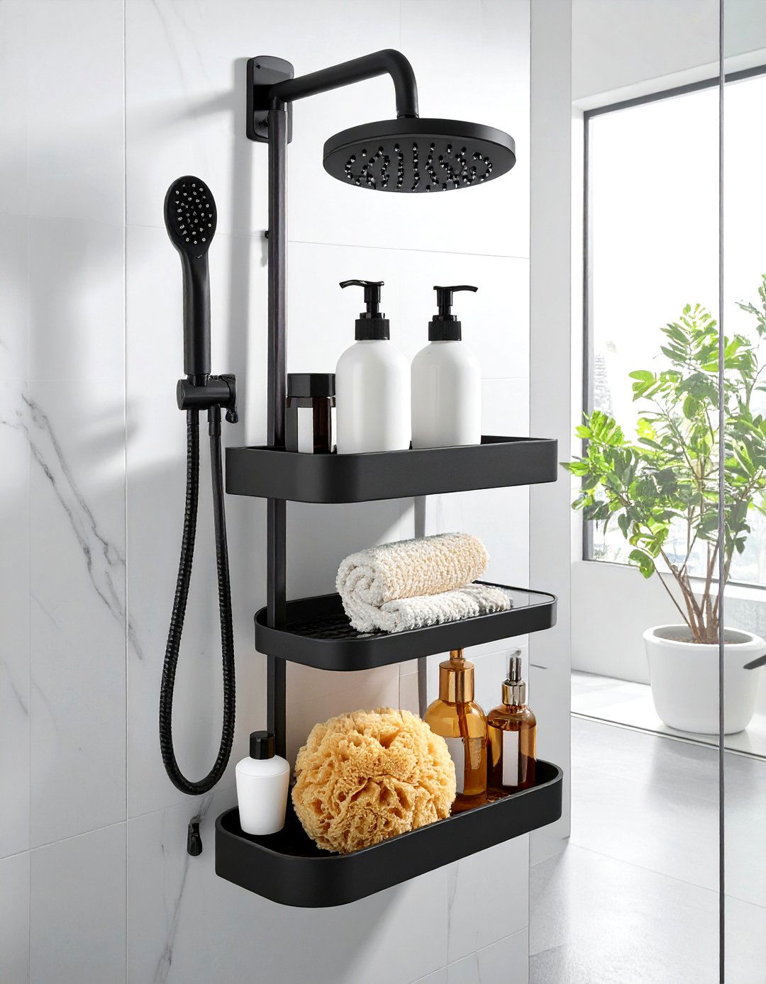 Black shower caddy - 30 black bathroom accessories ideas