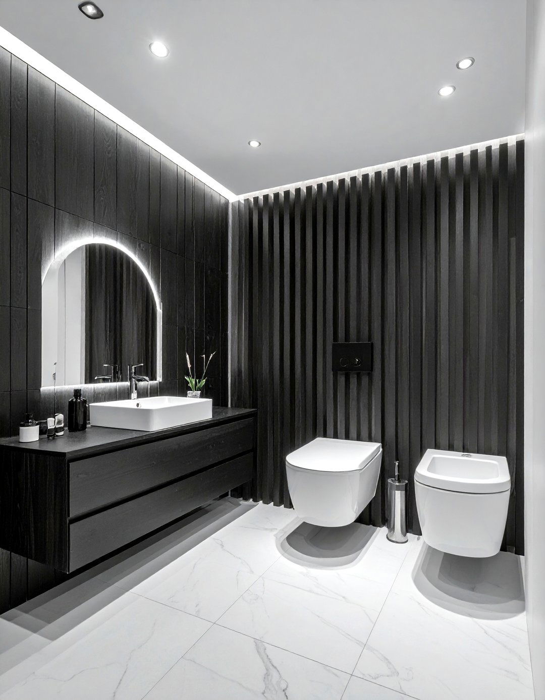 Black slat wood wall bathroom - 30 black bathroom decor ideas