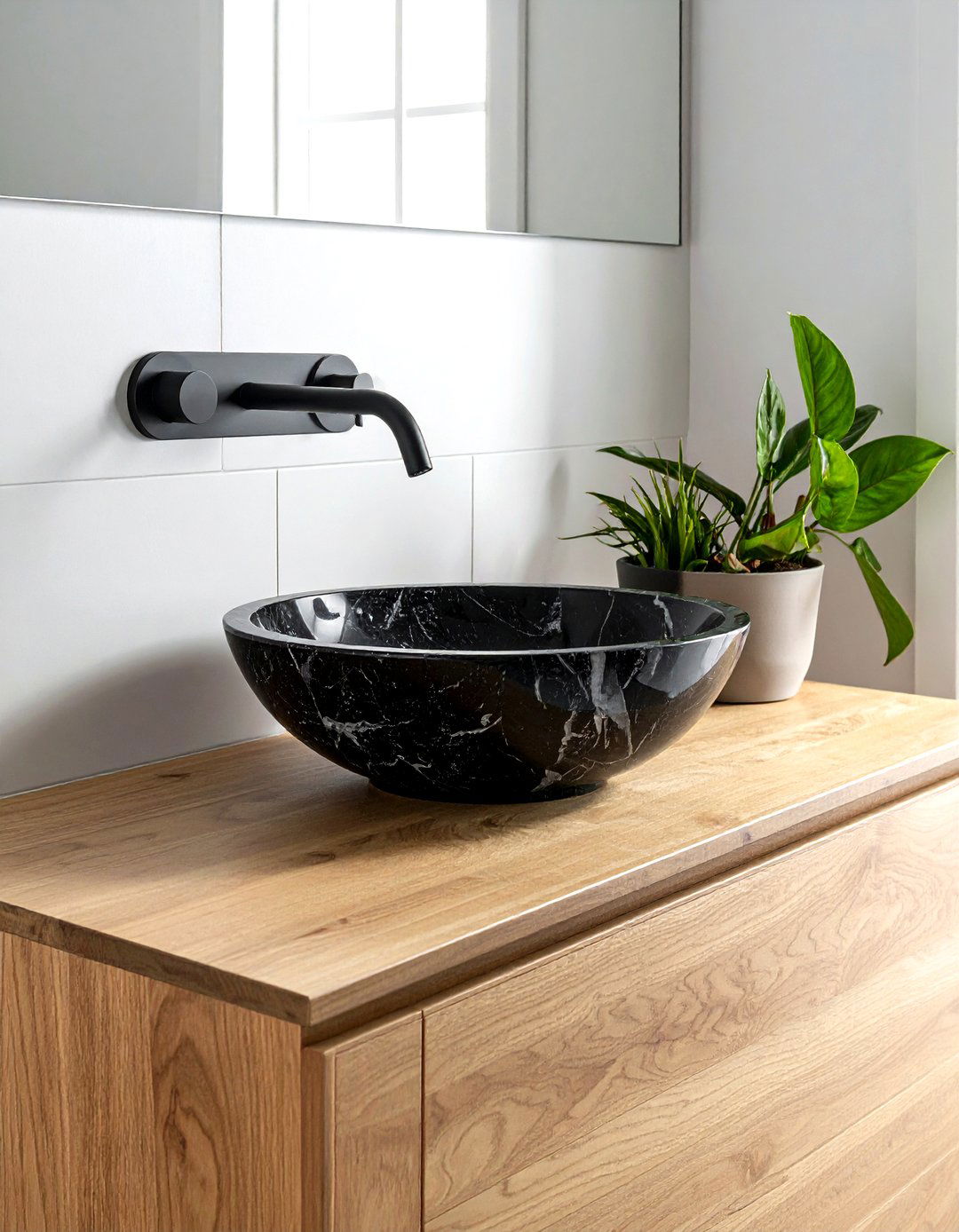 Black stone bathroom sink - 30 black bathroom decor ideas