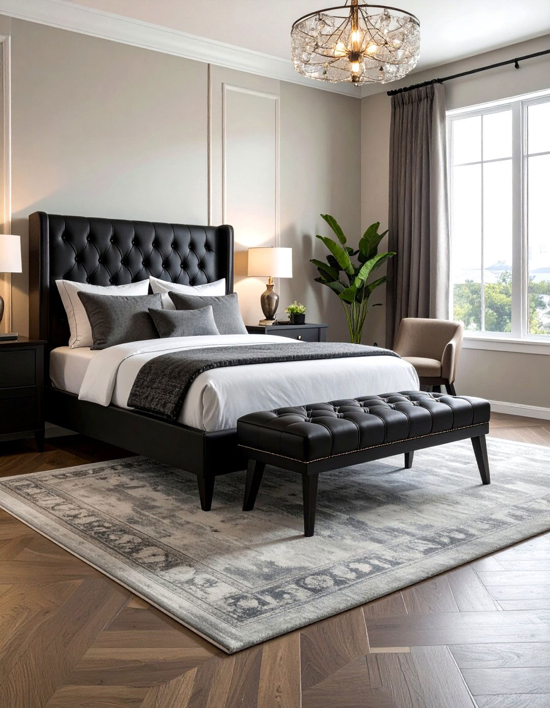 Black storage bench seating - 30 black bedroom furniture ideas