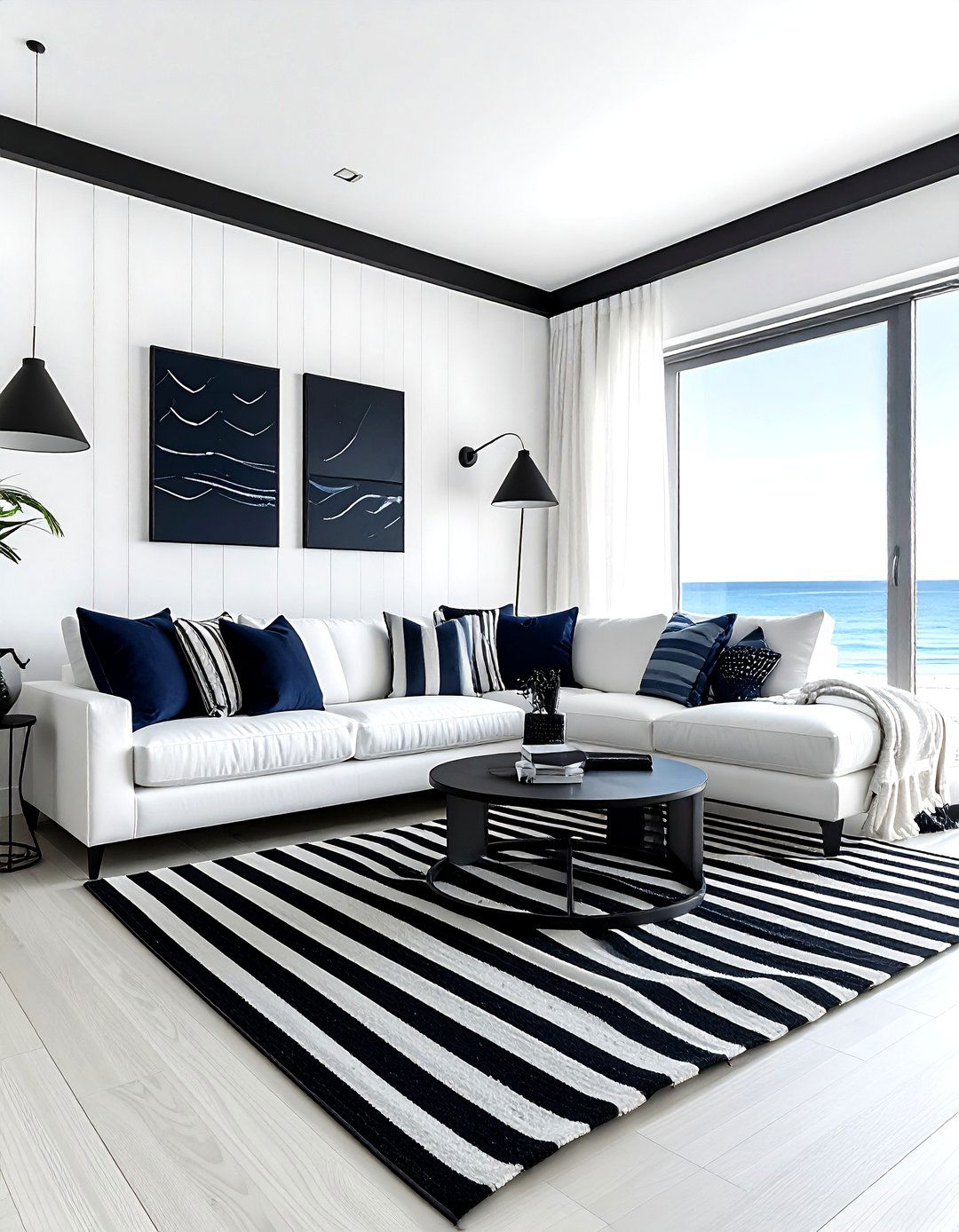 Black striped coastal living room - 30 coastal black living room ideas