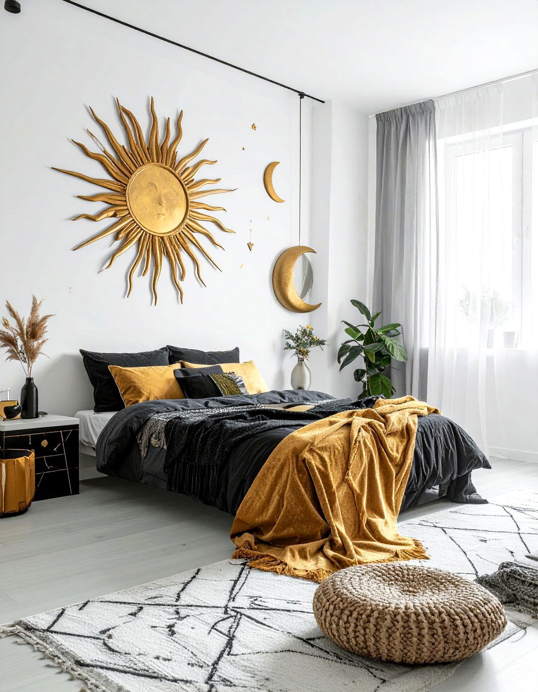 Black sun and moon boho bedroom - 30 bohemian black bedroom ideas