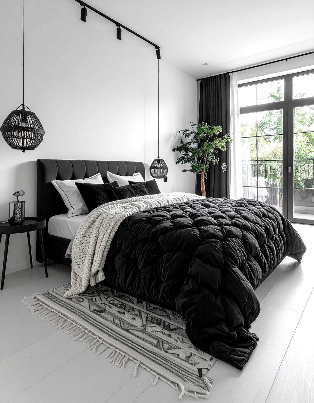 Black textured bedding boho bedroom - 30 bohemian black bedroom ideas