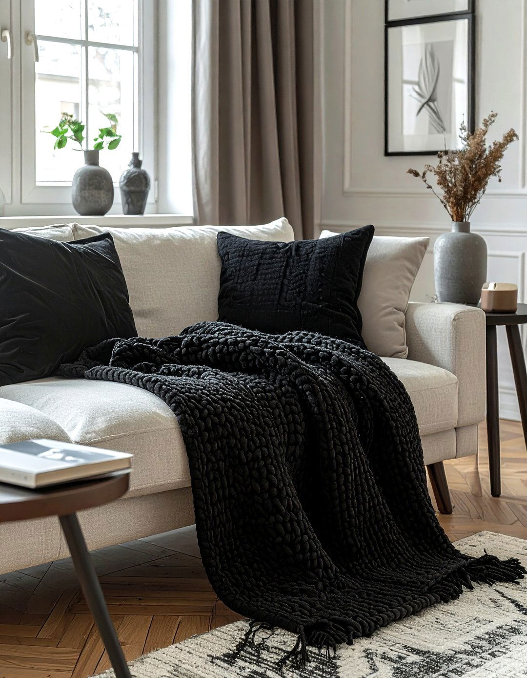 Black textured throw blanket - 30 black living room accessories ideas