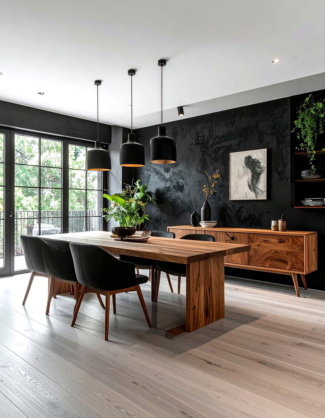 Black textured wall dining room - 30 dark black dining room ideas